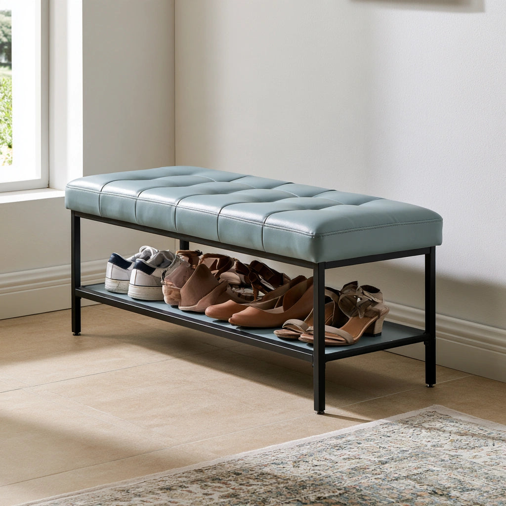 Banc à chaussures à niveaux en cuir, coloris bleu clair