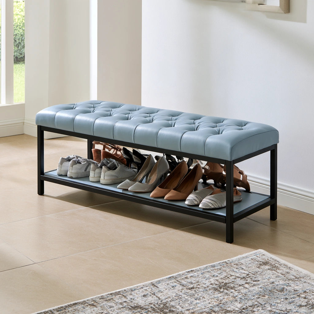 Banc à chaussures à niveaux en cuir, coloris bleu clair