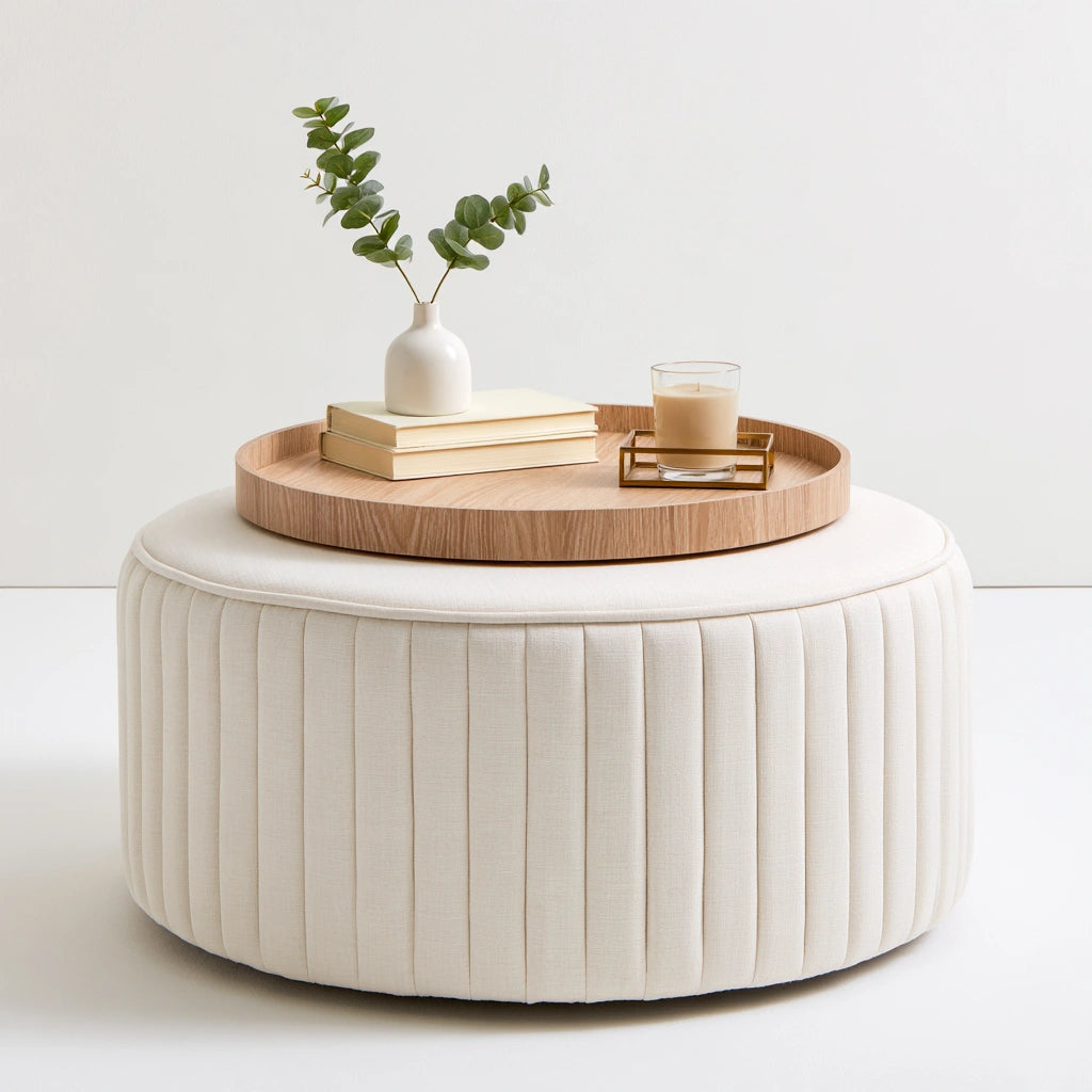 Banc coffre rembourré aux lignes épurées, coloris blanc cassé